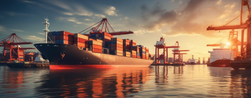 Busy shipping port with containers, trade in action.